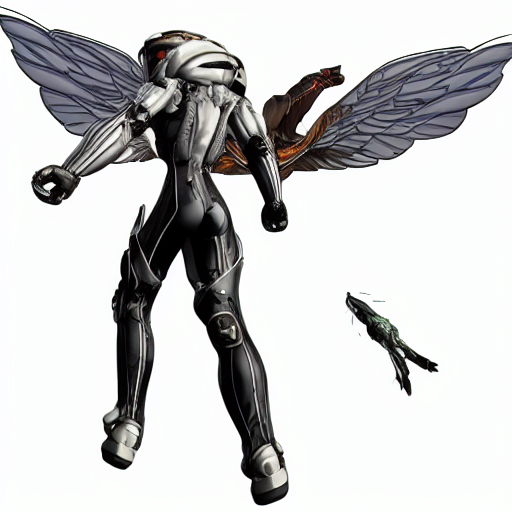 A side view of Kelly O'Lenmey in partial gearsuit armor with wings extended holding a gun pointed up
