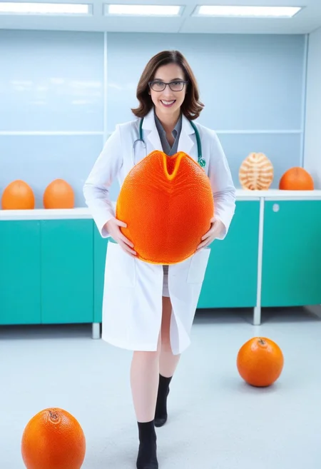 fchgr, blood orange style, xenoegg, view of a group of hatched xenoeggs, xenoeggs made of orange peel, horror theme, green light, space station interior, foggy ground, beautifully lit,
Female Doctor in lab coat with facehugger jumping at her
