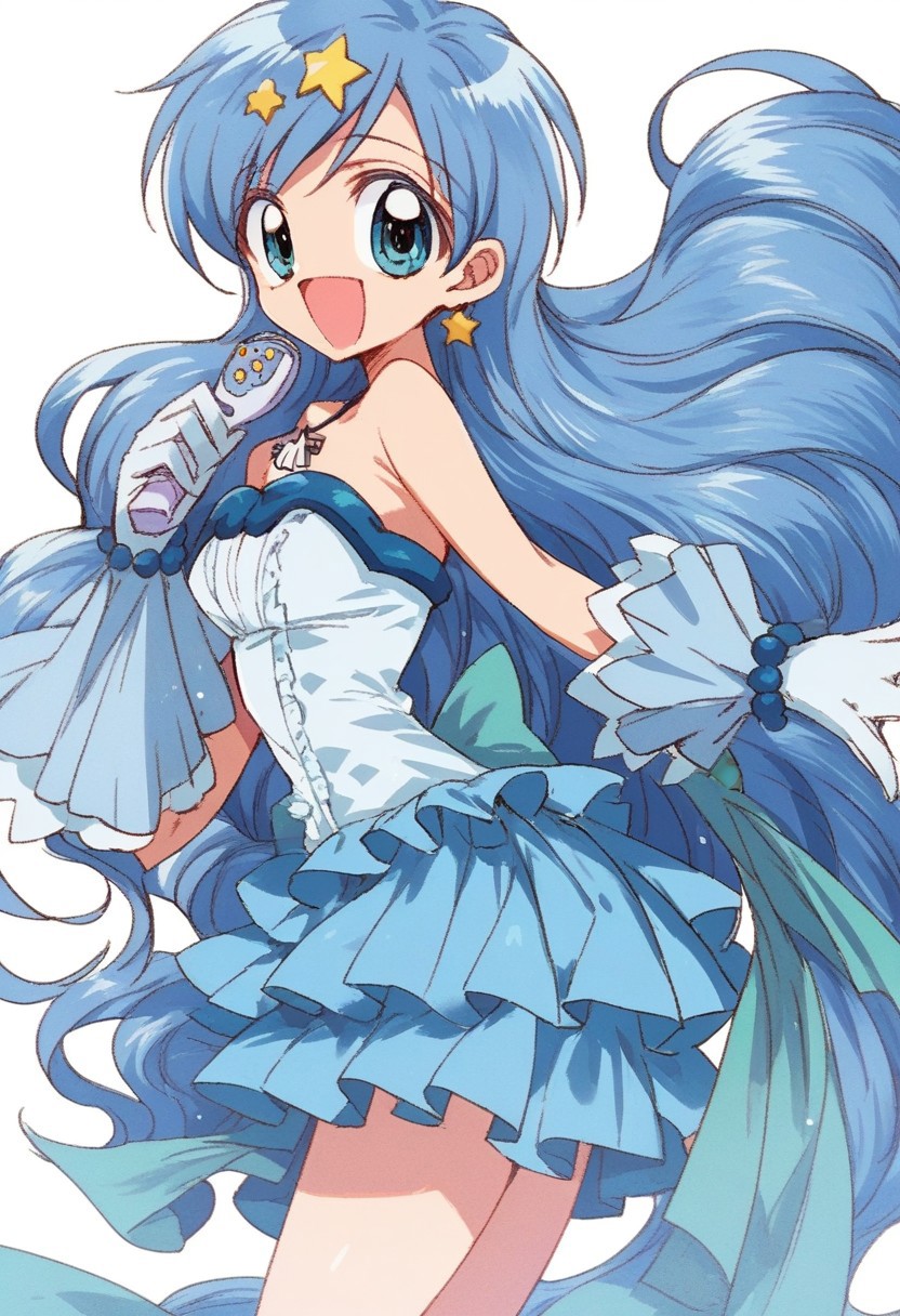 score_9,score_8_up,score_7_up, source_anime, <lora:hanon.pony:1>,hanon,blue hair,long hair,blue eyes,mini dress,gloves,boots,off shoulder,bare shoulder,shell necklace,wrist jewlry, standing, bend over, solo, looking at viewer, cowboy shot, dutch angle