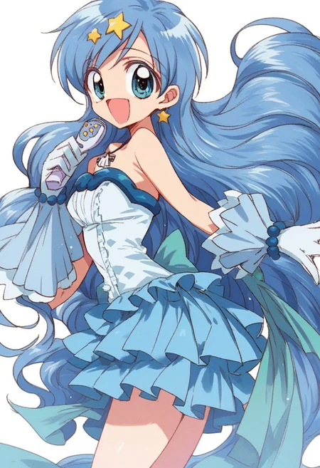score_9,score_8_up,score_7_up, source_anime, <lora:hanon.pony:1>,hanon,blue hair,long hair,blue eyes,mini dress,gloves,boots,off shoulder,bare shoulder,shell necklace,wrist jewlry, standing, bend over, solo, looking at viewer, cowboy shot, dutch angle
