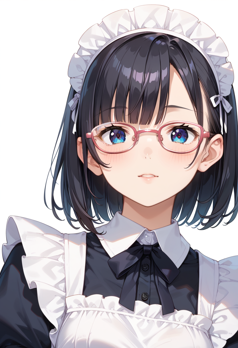 score_9, score_8_up, score_7_up, rating_safe, masterpiece, best quality, absurdres, unity 8k wallpaper, official art, official style, source_anime, uncensored, game cg, megami magazine,
1girl, solo, black hair, medium hair, upper body, covered eyes,maid, maid headdress, black dress, maid apron, face focus,
oval_metal, glasses, still life, white background, simple background, pink-framed eyewear,
 <lora:glasses_OvalMetal1_PONY_V1:1>