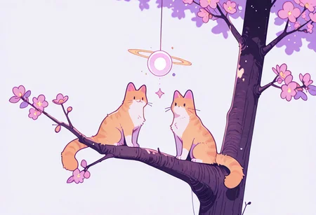 masterpiece, best quality, absurdres, cats sitting on a tree branch, facing each other in an intimate and harmonious pose. The left cat is black, while the right cat is white, creating a striking contrast. They are surrounded by delicate, blooming branches with small flowers, adding a serene and romantic atmosphere. The background is softly blurred, focusing the viewer's attention on the cats and their interaction. The lighting is soft, emphasizing the texture of their fur and the gentle ambiance of the scene. pink heart in front of them, white sphere in the background, h4ra_illu, momosp