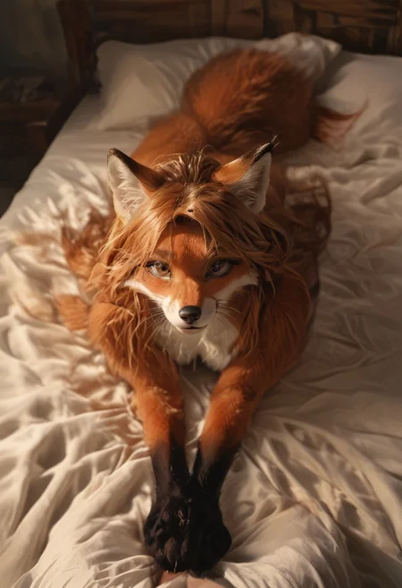 score_9, score_8_up, score_7_up, highres, (realistic:1.4), perfect sharpness, female (animal furry), very silky detailed fur, tail, paw, animal ears, wide shot
1girl, fox_girl, fox_ears, fox_tail, black choker,  medium breasts, furry body, black silk robe, long hair, lying on front, feet up, head on hands, looking at viewer, night, Moonlit