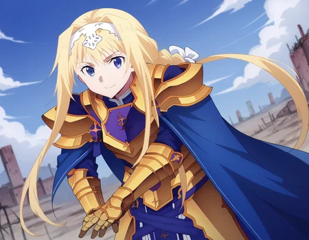 score_9, score_8_up, score_7_up, source_anime,
alicezuberg, <lora:alice-zuberg-s3-ponyxl-lora-nochekaiser:1>,
alice zuberg, bangs, blue eyes, blonde hair, hair between eyes, very long hair, braid, hairband, white hairband,
dress, cape, armor, blue dress, shoulder armor, gauntlets, pauldrons, breastplate, armored dress, faulds, blue cape, knight, gold armor, body armor,
outdoors, wasteland, bent over, smile,
solo, looking at viewer, cowboy shot, dutch angle,