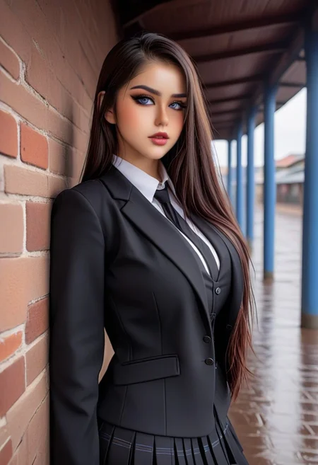 28yo V3r0t1k4, alleywall background, black jacket, long sleeves
