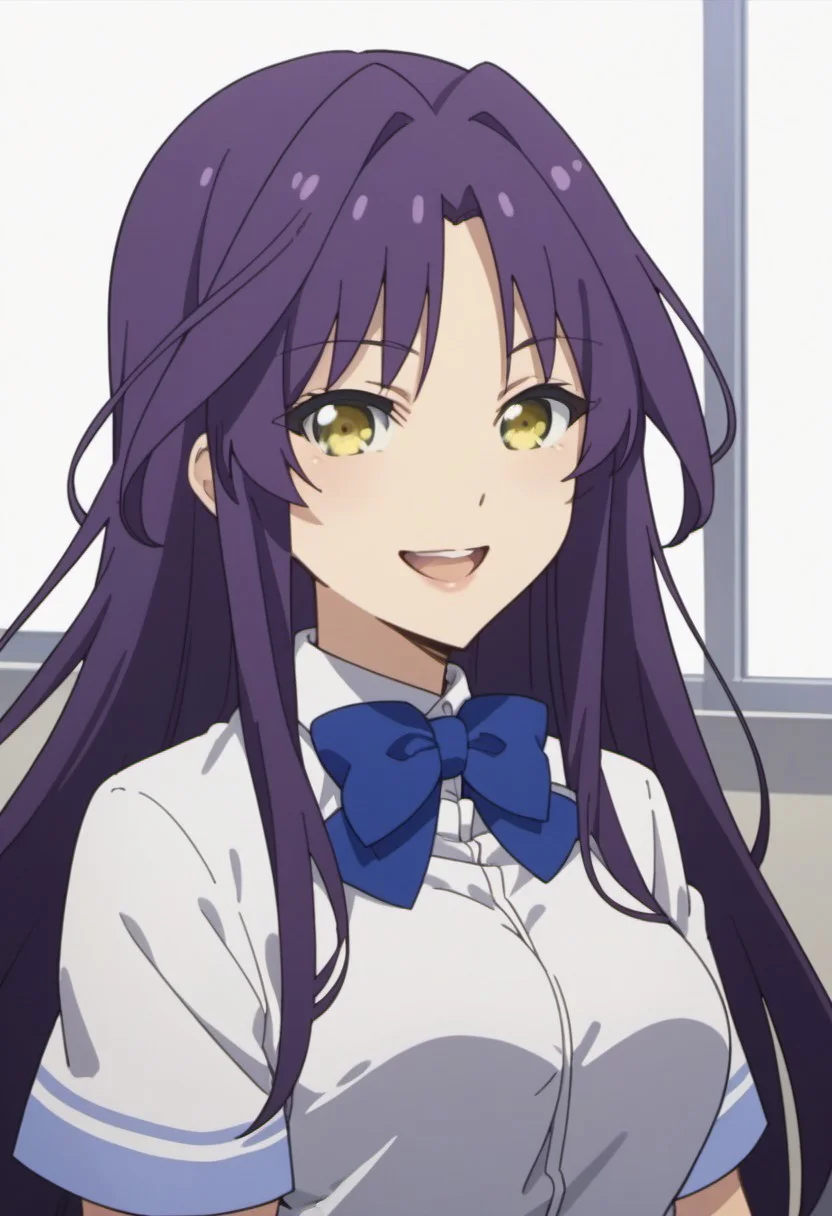 score_9, score_8_up, score_7_up, source_anime, goshoin kyo, purple hair, yellow eyes, long hair, 1girl, solo, anime coloring, school uniform, bow, open mouth, smile, shirt, bowtie, blue bow, white shirt