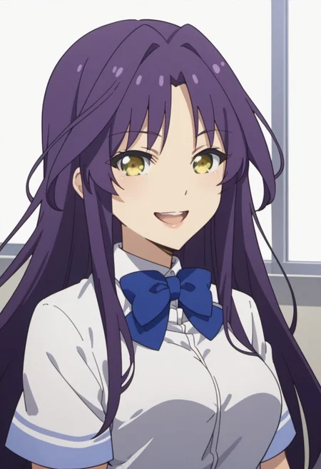 score_9, score_8_up, score_7_up, source_anime, goshoin kyo, purple hair, yellow eyes, long hair, 1girl, solo, anime coloring, school uniform, bow, open mouth, smile, shirt, bowtie, blue bow, white shirt