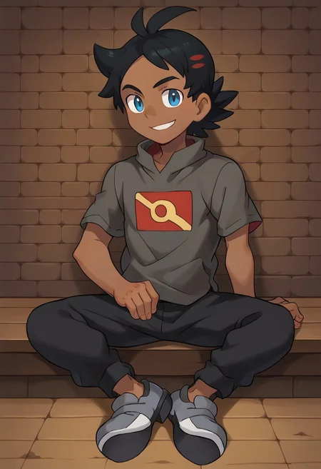(masterpiece), 1boy, solo, Goh, black hair, blue eyes, dark skin, shirt, black pants, grey shoes, smile, sitting