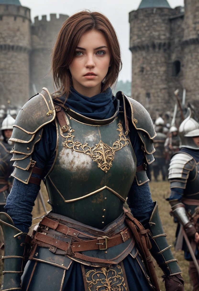 castle, score_9, score_8_up, score_7_up, score_6_up, score_5_up, extremely detailed, 1 woman, 25 years old, grizzled face, green eyes, small breasts, brown hair, shoulder length hair, wearing dark blue armor, holding a spear, in a battlefield in front of a castle, soldiers fighting behind her, she has blood on her shield and face, detailed, realistic, lady knight in dark full plate armor with armored gauntlets and armored boots with short brown hair and green eyes and a gorget protects her neck, gorget, armored gauntlets,