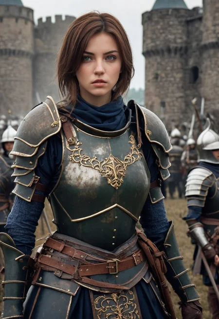 castle, score_9, score_8_up, score_7_up, score_6_up, score_5_up, extremely detailed, 1 woman, 25 years old, grizzled face, green eyes, small breasts, brown hair, shoulder length hair, wearing dark blue armor, holding a spear, in a battlefield in front of a castle, soldiers fighting behind her, she has blood on her shield and face, detailed, realistic, lady knight in dark full plate armor with armored gauntlets and armored boots with short brown hair and green eyes and a gorget protects her neck, gorget, armored gauntlets,
