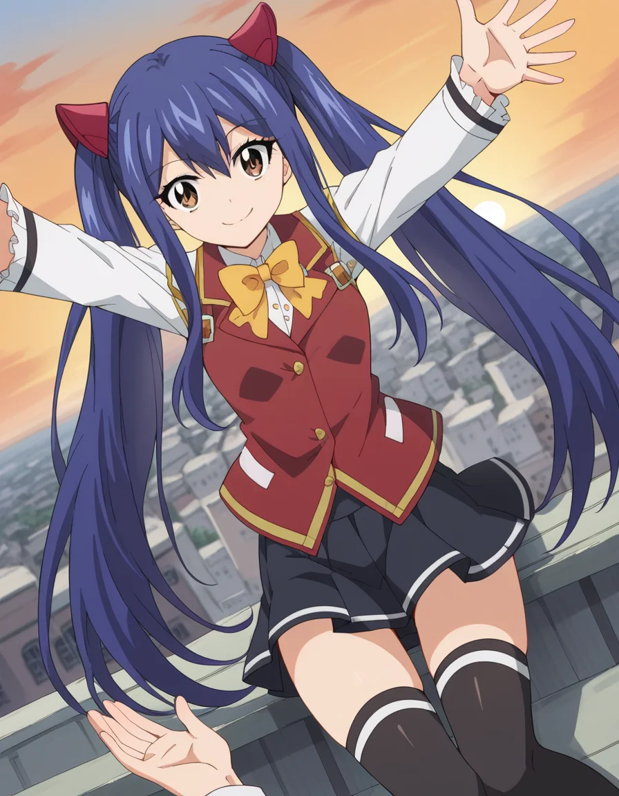 score_9, score_8_up, score_7_up, source_anime, <lora:wendy-marvell-100yq-ponyxl-lora-nochekaiser:1>, wendy marvell, long hair, hair ornament, ribbon, hair between eyes, twintails, brown eyes, very long hair, blue hair,, skirt, thighhighs, bow, ribbon, pleated skirt, black thighhighs, bowtie, black skirt, zettai ryouiki, yellow bow, yellow ribbon, rooftop, sunset, cityscape, quiet moment, wind blowing, contemplative, smile, looking at viewer, on back, arm support, arms up, incoming hug, pov, reaching, reaching towards viewer,, solo,, dutch angle,