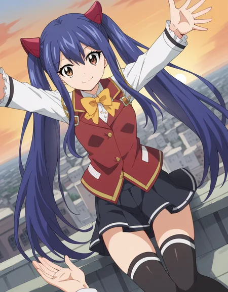 score_9, score_8_up, score_7_up, source_anime, <lora:wendy-marvell-100yq-ponyxl-lora-nochekaiser:1>, wendy marvell, long hair, hair ornament, ribbon, hair between eyes, twintails, brown eyes, very long hair, blue hair,, skirt, thighhighs, bow, ribbon, pleated skirt, black thighhighs, bowtie, black skirt, zettai ryouiki, yellow bow, yellow ribbon, rooftop, sunset, cityscape, quiet moment, wind blowing, contemplative, smile, looking at viewer, on back, arm support, arms up, incoming hug, pov, reaching, reaching towards viewer,, solo,, dutch angle,