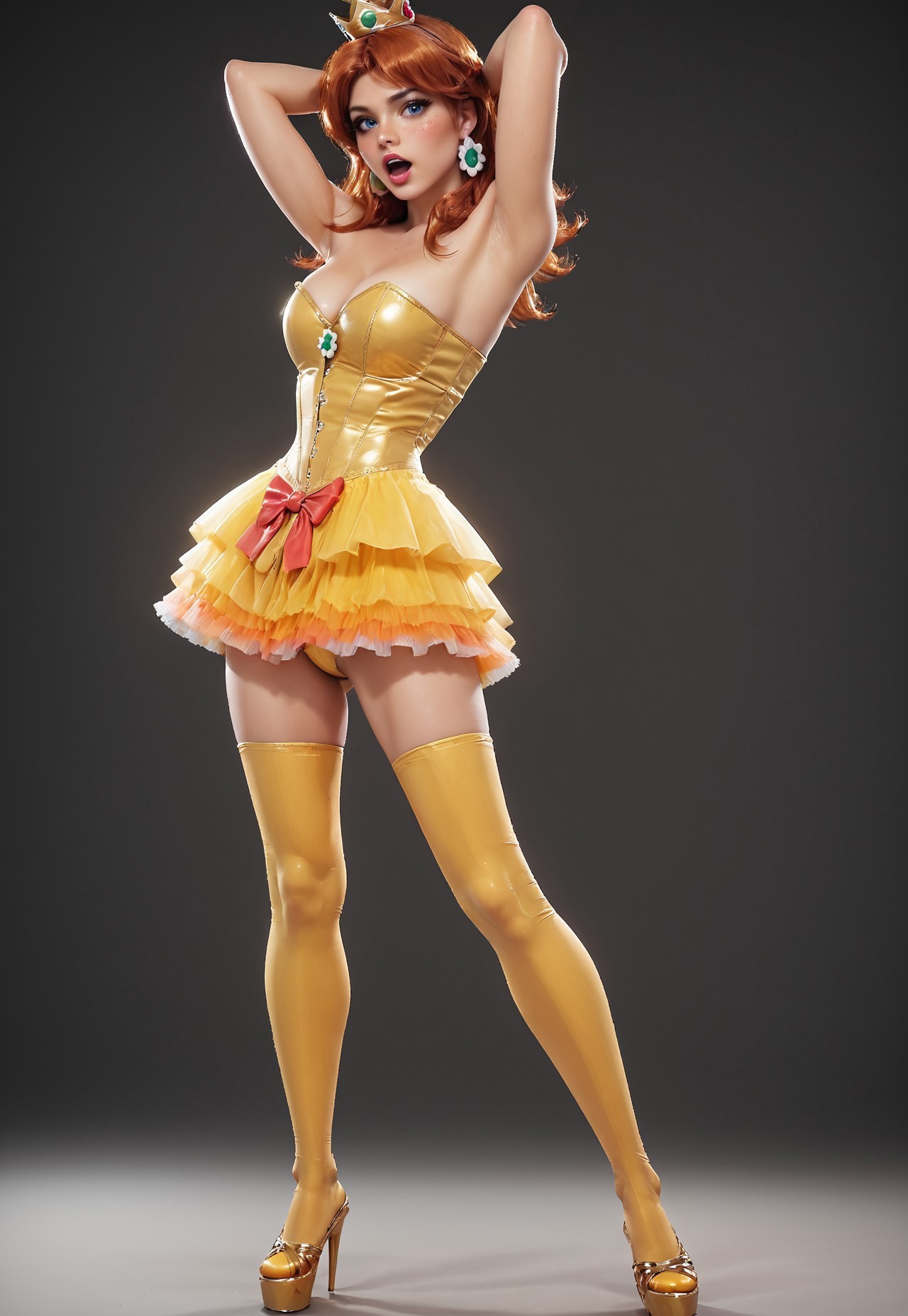 safe_pos, score_9, score_8_up, score_7_up, score_6_up, score_5_up, score_4_up 1girl, full body view, DV_S2_La_Texia_Vicious, slim figure, nicely outlined calf muscles, red-burgundy pronounced lips, open mouth, theeth, aroused, passion, simple background, red orange long hair, swept bangs, hud_crst_prncss_drss, yellow short latex dress with cleavage, corset, high heel mules, olz_higheelmules1, golden metallic high heels, flower buttons, bare shoulders, orange frills latex skirt, skirt lift up, crown, daisy earrings, long latex gloves, freckles, realistic, beautiful blue eyes, (simple blurred background, depth of field), ((naughty expression, looking at viewer, sexy pose, hands behind head, from side, dynamic angle)),
erotic, elegant, sensual, seductive, bright colors, high contrast, dark background, vivid lightingslim figure,   aroused, passion, blushing, neon hearts lights   dark, chiaroscuro, low-key ,<lora:princess_daisy-000008:0.7>