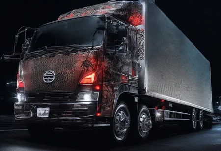 (masterpiece, best quality), highly detailed, ultra-detailed, (night), (city highway), (large truck), (truck bed side:1.3), (japanese tattoo style:1.4), (evil snake:1.5), (serpent scales), (detailed scales), (snake fangs), (glowing red eyes), (menacing), (dark color scheme), (headlights on), (streetlights:1.2), (motion blur:0.8), (high speed), (asphalt road), (reflections), (night atmosphere),Japanese truck