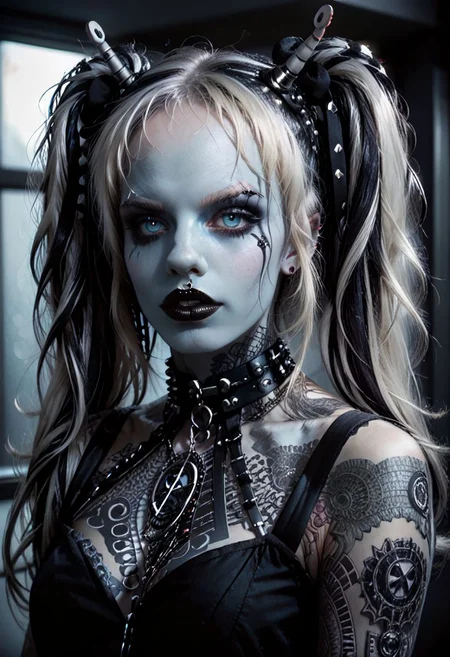score_9, score_8_up, score_7_up, BREAK
Aesthetic: ((goth, dark, macabre, subculture, fashion, music):1.4) BREAK,
lighting: Chiaroscuro Lighting Style, detailed, clean, urban scenery, ink BREAK
Quality: intricate, highly detailed, sharp focus, realistic, 8k BREAK
Appearance: (22 years old), andorian girl, blue eyes, detailed eyes, big eyes, perfect eyes, twintails, white hair, violet highlights, BREAK
(good quality:0.996), BREAK