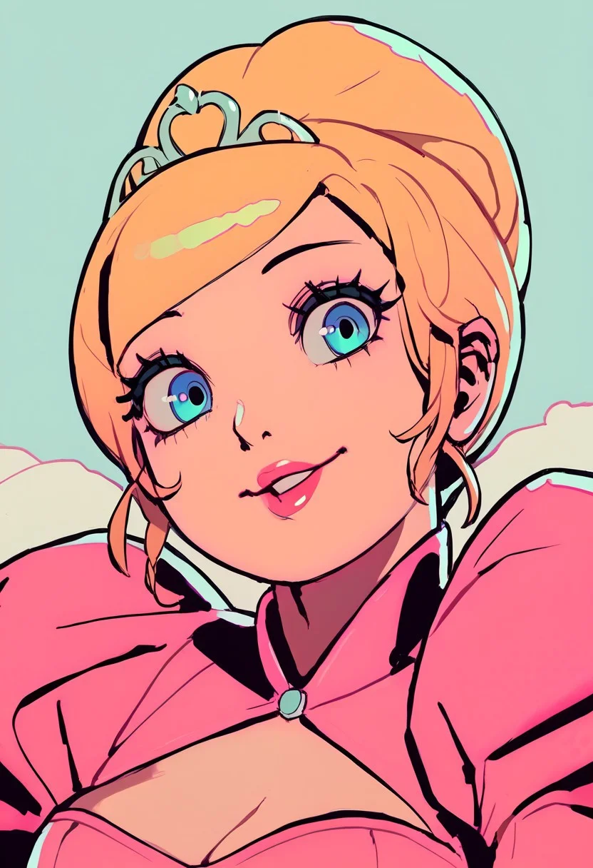 score_9, score_8_up, score_7_up, score_6_up, score_5_up, score_4_up, source_cartoon, <lora:confetti-extract- ponyxl:0.85>, detailed eyes, easynegative, rating_explicit, Expressiveh, 1girl, solo, smiling to viewer, lips, looking at viewer, close up,
, datcravat
CharlotteXLP, blonde hair, makeup, blue eyes, pink dress, puffy sleeves, puffy skirt, cleavage, tiara, hair bun, jewelry, pink lipstick