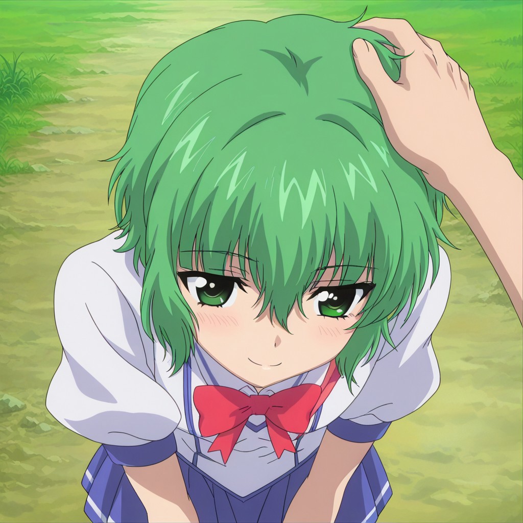 masterpiece, best quality, amazing quality, very aesthetic, absurdres, newest, scenery, best quality, anime coloring, koroneww, green eyes, green hair, short hair, bangs, hair between eyes, school uniform, red bowtie, white school shirt, short sleeves, blue pleated skirt, anime_screencap, face focus, pov, headpat, cute smile, smile