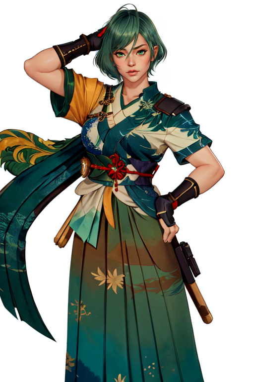 masterpiece,best quality,extreme detail,8k,white background,<lora:tamaki-10:0.8>,green hair,realistic,Pale green eyes,tamakidoa,1girl,solo,looking at viewer,short hair,skirt,gloves,brown eyes,japanese clothes,fingerless gloves,sash,obi,hakama,hakama skirt,