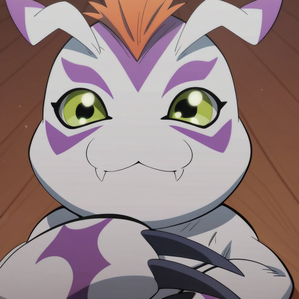 score_9, score_8_up BREAK Gomamon, digimon, solo, facing front, orange hair, green eyes, smile, fangs, closed mouth, claws, laying