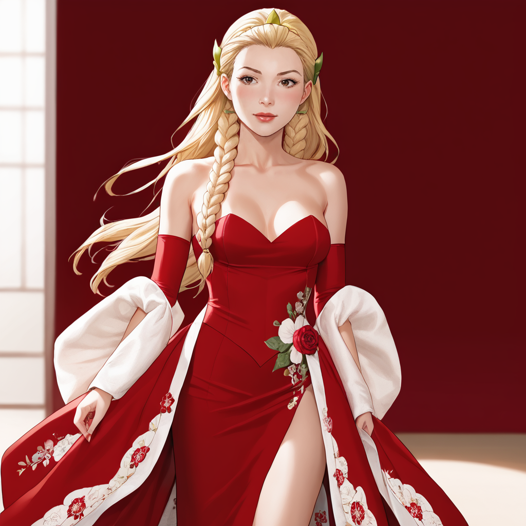 <lora:enchantresssylvie_pony_v1:.8>  Enchantress, 1girl, , long hair, braid, medium breasts, blonde hair,  twin braids, cowboy shot,  <lora:1007 Chinese wedding dress_v1_pony:1> ruanyi1007,bare shoulders,detached sleeves,red dress,floral print,strapless dress,