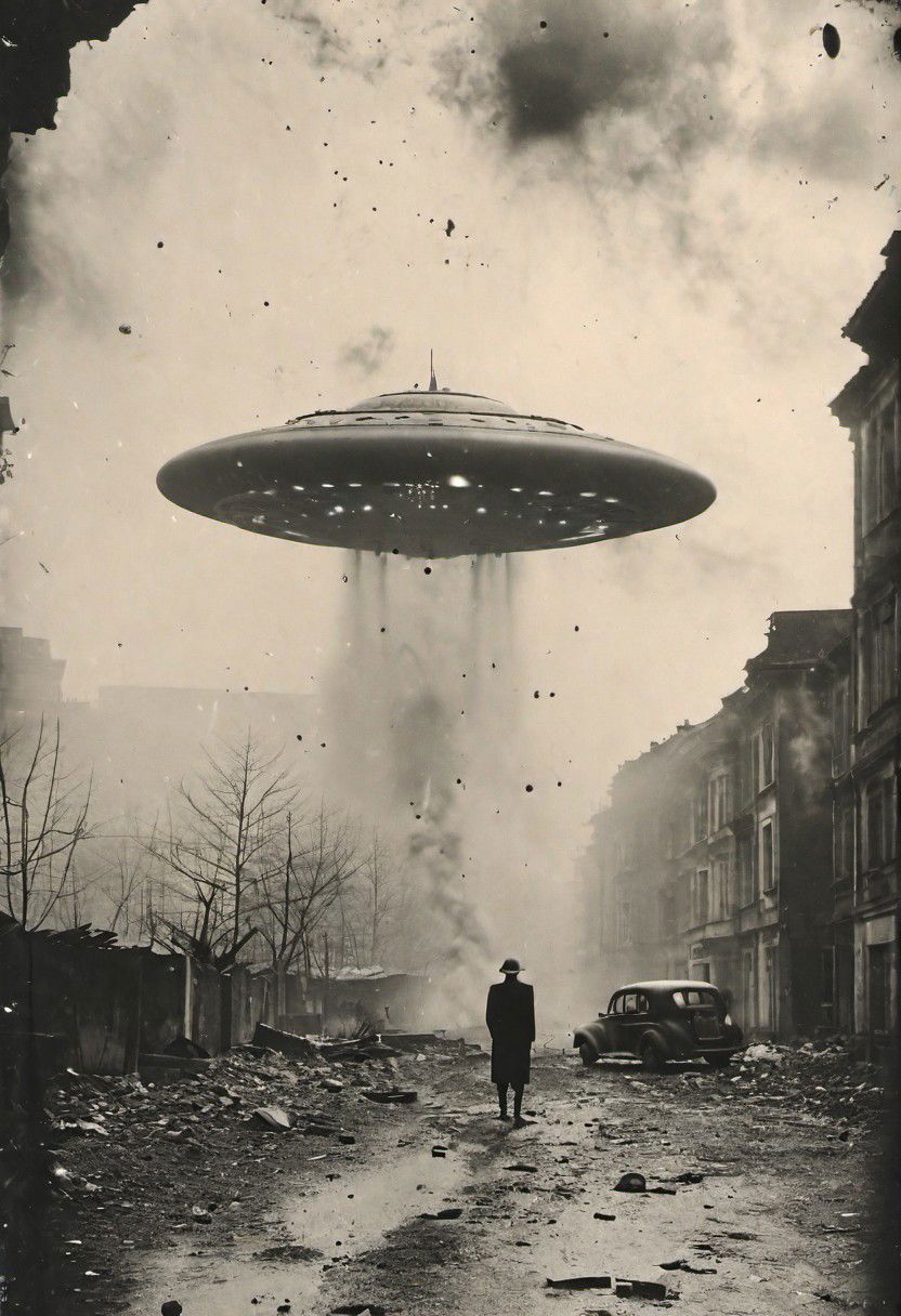B&W 35mm vintage photo of a UFO in a WW2 picture, destroyed city backdrop