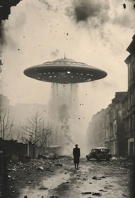 B&W 35mm vintage photo of a UFO in a WW2 picture, destroyed city backdrop