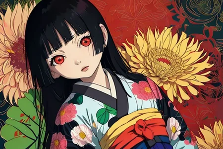 Enma Ai, 1girl, chrysanthemum, flower, solo, japanese clothes, long hair, kimono, yellow flower, butterfly, hair spread out, sash, floral print, black hair, hair down, red eyes, lying, obi, orange flower, bangs, on back, kikumon, spider lily, pink flower, colorful, red flower, blunt bangs, blue flower, looking at viewer, parted lips, butterfly print, print kimono, long sleeves, pale skin, wide sleeves, from above, <lora:Enma Ai:0.8>, river, night