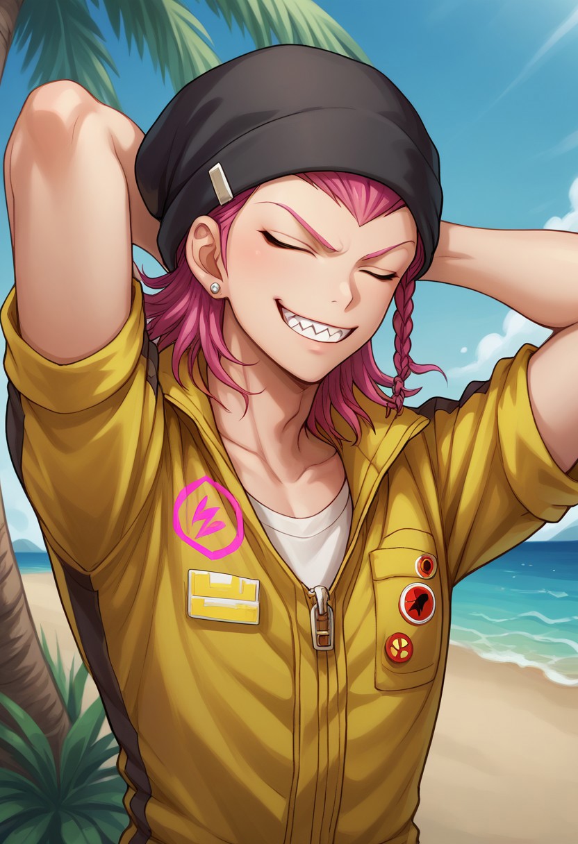 score_9, score_8_up, score_7_up, source_anime, highly detailed, 
kazuichi, 1boy, male focus, sharp teeth, teeth, smile, solo, pink hair, jumpsuit, jewelry, braid, earrings,
collarbone, closed eyes, grin, beanie, upper body, hat, medium hair, arms behind head, facing viewer,
black headwear, side braid, bangs,
outdoor, palm tree, ocean, day