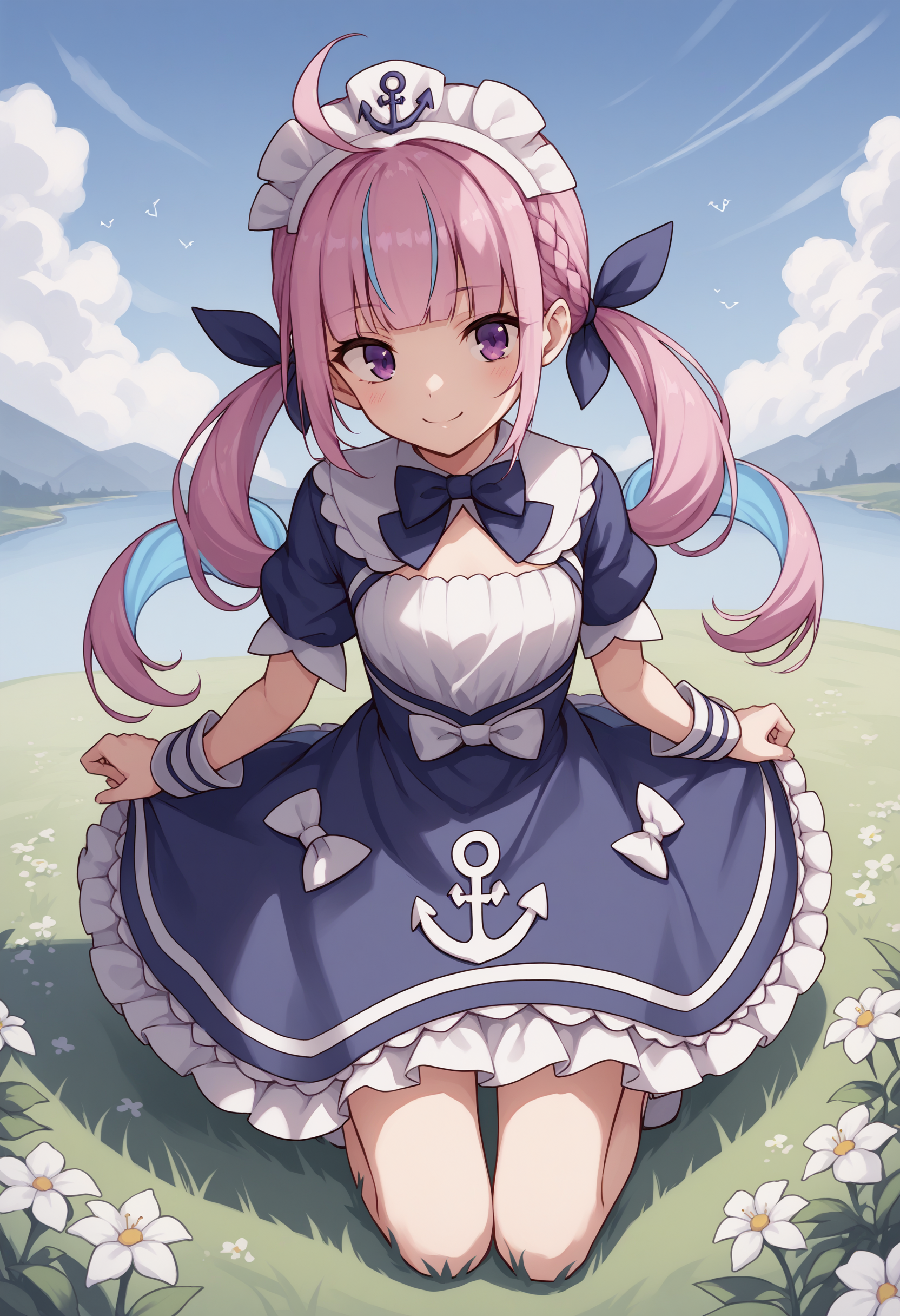 score_9, score_8_up, score_7_up, source_anime, mimaid, purple eyes, blue hair, pink hair, purple hair, ahoge, bangs, blunt bangs, braid, french braid, twintails, low twintails, drill hair, streaked hair, colored inner hair, long hair, ribbon, hair ribbon, blue ribbon, maid headdress, anchor symbol, bowtie, dress, blue dress, frills, frilled dress, anchor print, puffy short sleeves, wrist cuffs, bow, white bow, smile, bare legs, grass, outdoors<lora:MinatoAquaXL-20:1>
