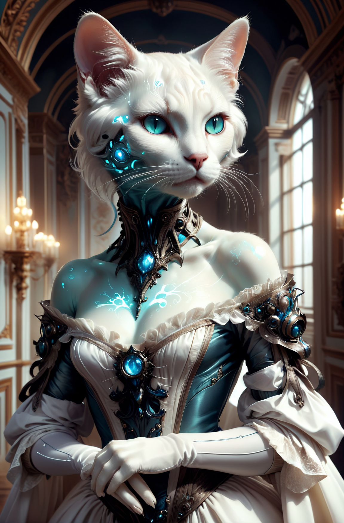<lora:GeorgianStyleLocal:0.8> GeorgianStyle, a photographic portrait of a anthropomorphic bioluminescent cat wearing white clothes, bare shoulders, fantasy, intricate, elegant, highly detailed, digital painting, artstation, concept art, smooth, sharp focus, illustration, art by artgerm and h r giger and alphonse mucha, 8 k