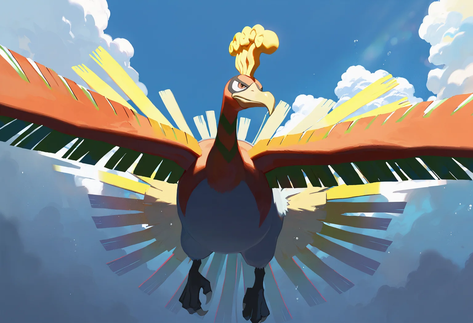 artist:ciloranko,artist:modare,artist:diyokama, astero, scenery, pokemon \(creature\),
best quality, amazing quality, very aesthetic, absurdres, best quality, masterpiece, newest,
underwater,
ho-oh, flying, no humans
blue sky, cloud, sunray, Cinematic Lighting, light particles <lora:AsteroIllustriousXL_byKonan:1>