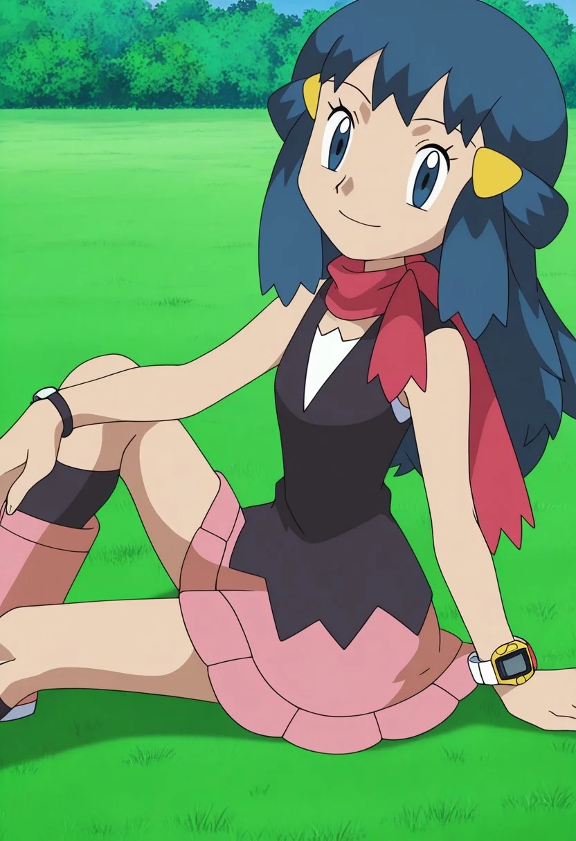 absurdres, highres, 4k, anime screencap, 1girl, solo, pokemon_dawn, long hair, blue hair, blue eyes, sidelocks, yellow hairclips, smiling, closed mouth, black vest, white undershirt, red scarf, sleeveless, watch, jewelry, pink skirt, black socks, boots, sitting, hands on the grass BREAK outdoors, grassy field, day,