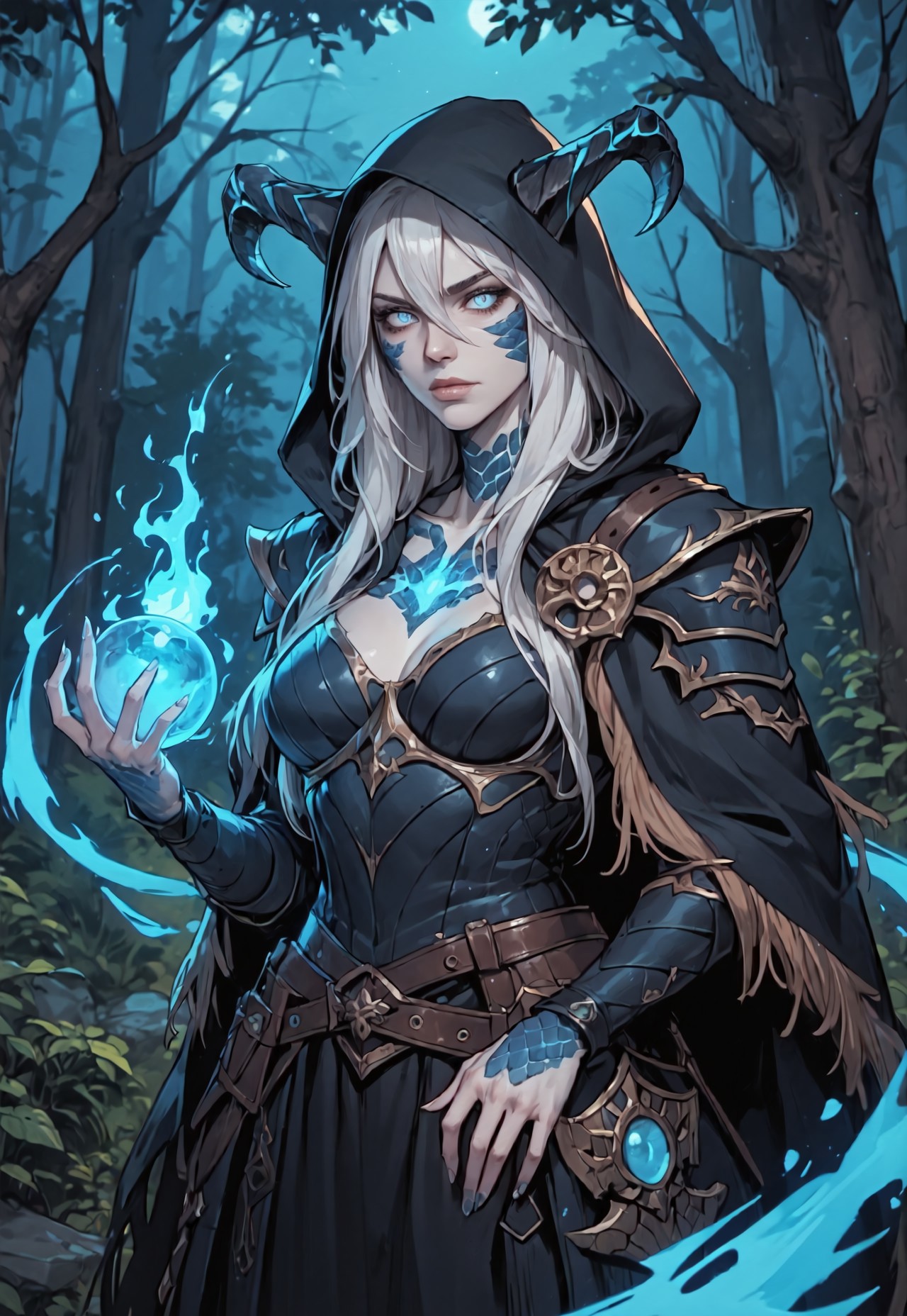safe_pos, ((zPDXL3)), score_9, score_8_up, score_7_up, score_6_up, score_5_up, score_4_up,
1girl, solo, Adult Woman, Slender Build, pale skin, very-long hair, wild hair, hair between eyes, looking at viewer, pale blue eyes, slit pupils, black pupils, plain expression, medium breast, white hair, (extremely detailed face and eyes), closed mouth, collarbone, outdoors, tree, night, nature, leather armor, forest, in tree, hood, fur cloak, horns, large horns, jewelry on horns, face scales, neck scales, shoulder scales, casting spell, blue energy, blue ball, glowing blue fire, blue scales, black dragon, dragon girl,