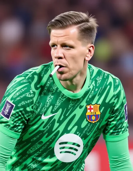 <lora:wojtek-szczesny-000004:1.3> wojtek szczesny in goal with a cigarette in his mouth, barcelona team. green golkeeper outfit, siting on the grass