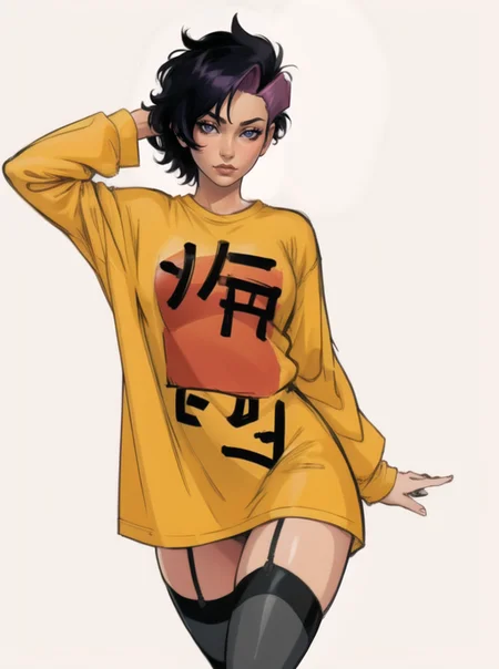 beautiful, (masterpiece:1.2), (best quality:1.2), perfect lighting, pov, 1girl,  jubilee, oversized clothes, (oversized t-shirt), long shirt, xlothes pull, long sleeves, thigh highs, garter straps,  <lora:jubilee2-10:0.7>, foreshortening, depth,