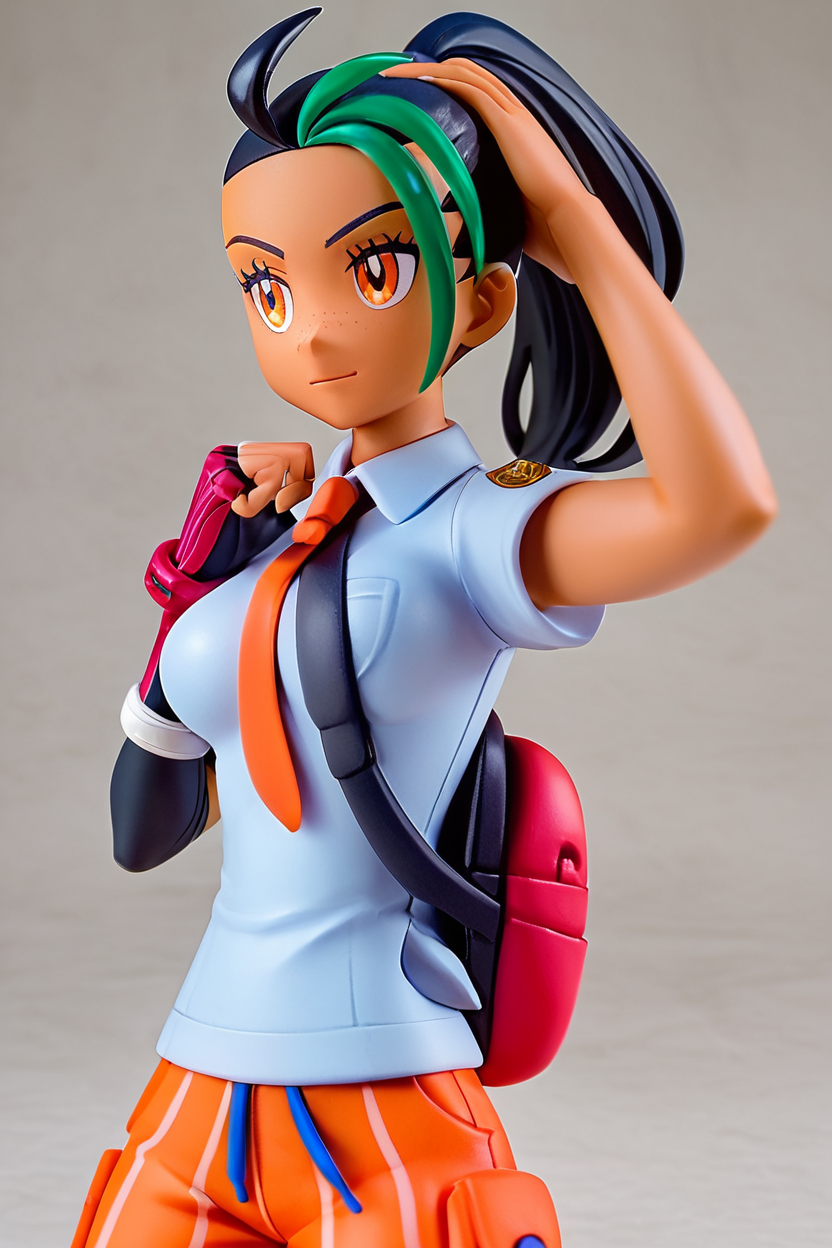 score_9, score_8_up, score_8, medium breasts, cute, eyelashes, figure,     Nemona \(Pokemon\), black hair, green hair, orange eyes, dark skin, multicolored hair, two-tone hair, hair pulled back, collared shirt, fingerless gloves, orange shorts, backpack <lora:Nemona_Pokemon_P1:0.8>,    <lora:Anime_Figure_P1:0.8>,
