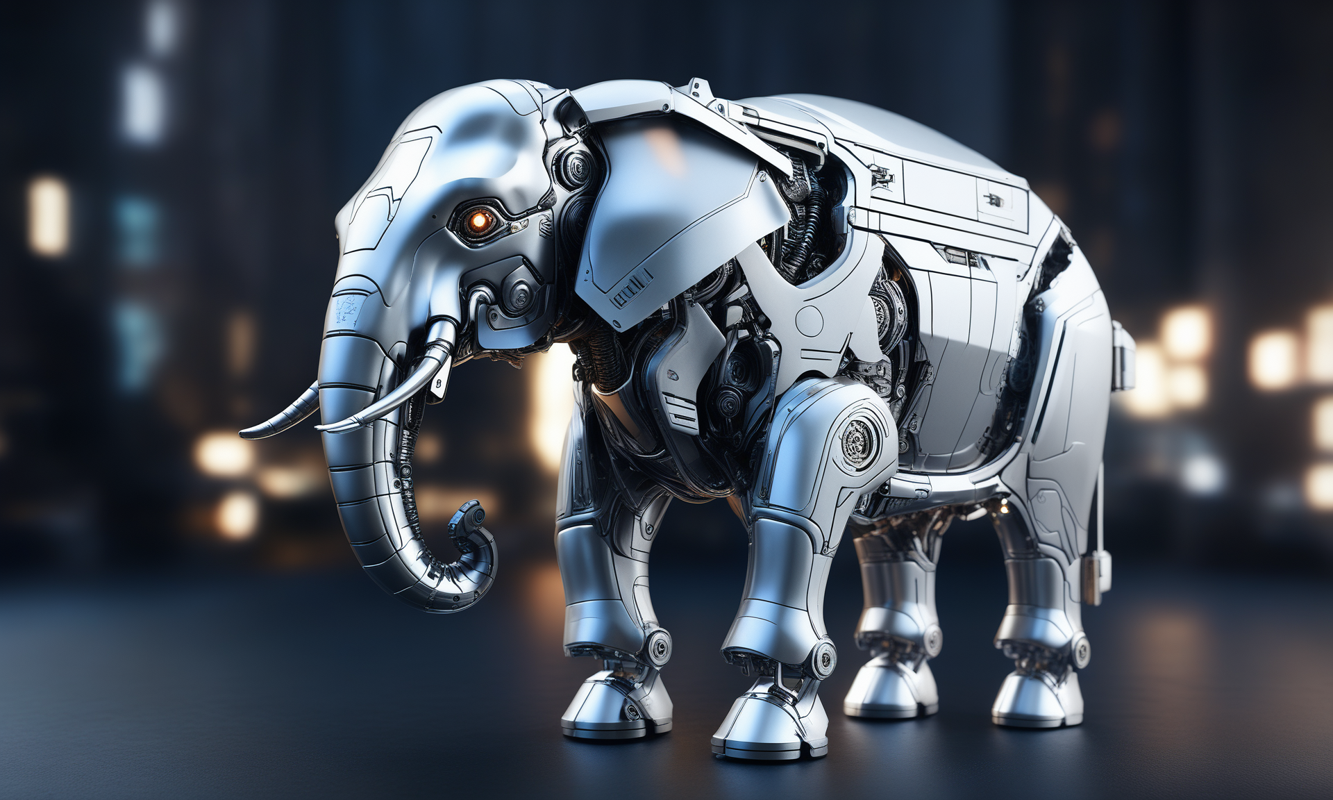 <lora:mechcd_xl-000007:0.8>,a (mechcd_xl,mech,cyberpunk,shiny,glowing,mechanical parts,joints,military) elephant,white theme,no humans,solo,long-focus,tilt-shift,outdoors,full body,cityscape,at night,dim light,glowing eyes,science fiction,dystopian,futuristic,intricate,chinese zodiac,still life,front view,facing viewer,looking at viewer, emotional,harmonious,high budget,moody,epic,gorgeous,perfect lighting,realistic,photorealistic,photographic,photo (medium),real,moody lighting,volumetric lighting,reality ray tracing,8K,HDR,UHD,masterpiece,best quality,highly detailed,high resolution,finely detail,extremely detailed,ultra detailed,wallpaper
