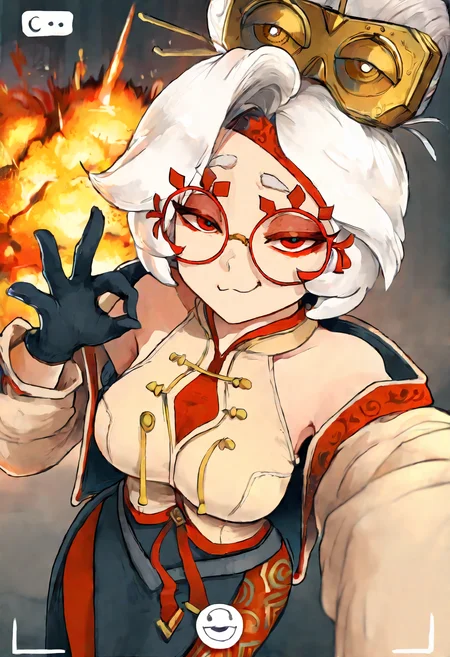 masterpiece, best quality, very aesthetic, 1girl,pur4h, white hair, red eyes, hair bun,hair ornament, red headband, red glasses, sleeveless shirt, beige shirt, beige jacket, red trim, open jacket, black skirt, red leggings, gloves,looking at viewer,selfie,explosion,fire,smug,ok sign,fake phone screenshot <lora:csr_n11:1> <lora:purah-illu-nvwls-v1:0.8>