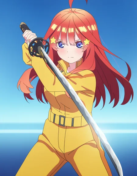 masterpiece, best quality, newest, absurdres, highres, safe,, <lora:itsuki-nakano-s2-ponyxl-lora-nochekaiser:1>, itsuki nakano, bangs, long hair, blue eyes, hair between eyes, ahoge, red hair, star (symbol), hair ornament, star hair ornament, large breasts, anime screencap, <lora:sword-guard-stance-illustriousxl-lora-nochekaiser:1>, sword guard stance, sword, weapon, solo, katana, holding, holding weapon, holding sword, looking at viewer, jumpsuit, yellow jumpsuit, high collar, cowboy shot, pants,, ,