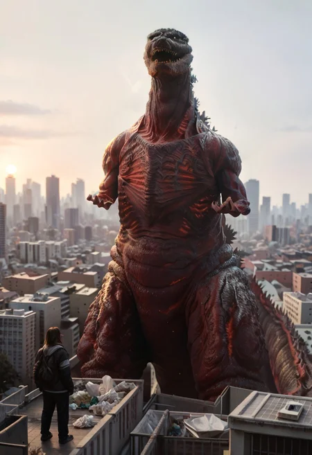 Score_9, score_8_up, score_7_up, score_6_up, zPDXL3, wide shot, monster focus, BREAK, realistic,hyperrealism,ornate,studio photograph, Godzilla kaijuu,gigantic monster, model_buildinga, model_kit_(medium), city skyline, plastic buildings, forced perspective, redsky, black clouds, yellow full moon, blurry background, building, outdoors, night,