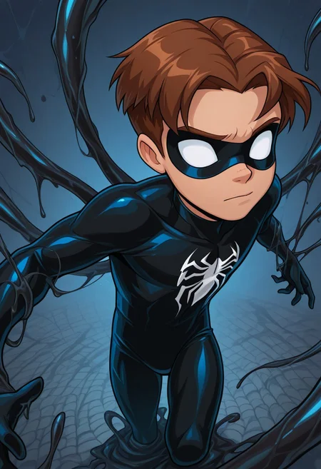 masterpiece, arwe, dynamism, foreshortening, best quality,amazing quality, 1boy, cute boy, solo, male focus, Spiderboy, Bodysuit, black Bodysuit, Brown Hair, Domino Mask, White Eyes, No Pupils, venom_assimilation, transformation, dehumanization, black slime (substance), tentacles, monster boy, merging, absorption, horror, interspecies, corruption, venom,