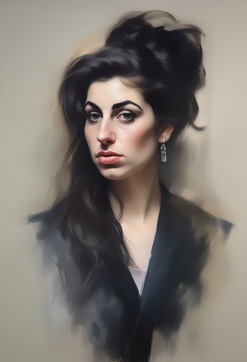 A formal oil painting portrait of Amy Winehouse, painted by John Singer Sargent