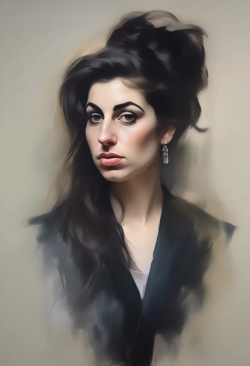 A formal oil painting portrait of Amy Winehouse, painted by John Singer Sargent