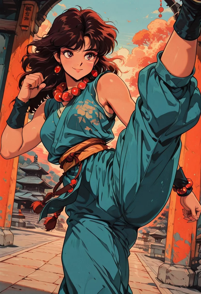 masterpiece, best quality, good quality, very aesthetic, absurdres, newest, pinkretroanime, retro art, in the style of cksc, JeddtlIL, dynamic angle, 1girl, detailed eyes, solo, monk, athletic, spiritual warrior, sleeveless gi, happy smile, kicking, prayer beads, serene training grounds, warm color palette