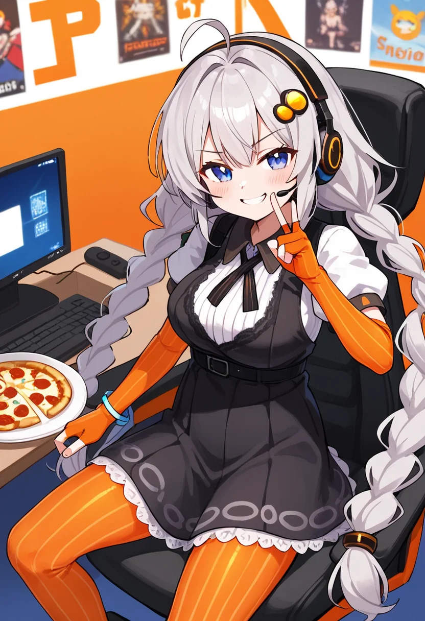 score_9, score_8_up, score_7_up,
<lora:KizunaAkari_MMD_Pony_V1:0.95>blue eyes, grey hair, ahoge, twin braids, braid, very long hair, hair ornament, hair tubes, headphones, headset,
black dress, lace-trimmed dress, short sleeves, puffy sleeves,
orange gloves, striped gloves, elbow gloves, fingerless gloves, bracelet,
orange pantyhose, striped pantyhose,
star print, star (symbol), vertical stripes,
from above,, look at viewer,, cowboy shot,,
Streamer room, gaming chair, gaming PC, game equipment, controller, TV monitor, PC monitor, headphones, headset, anime poster, game poster,foods, Holding food ,hamburgers, pizza, french fries, junk food,
smile,upper body,huge brests,
smug, smirk, blush,peace sign,