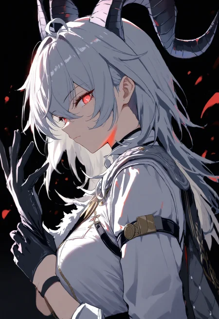 masterpiece, best quality, high score, great score, absurdres, 1girl, zani \(wuthering waves\), wuthering waves, horns, red eyes, glowing eyes, looking at viewer, adjusting gloves, black gloves, from side, dark background, upper body