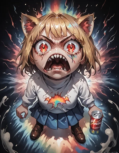 score_9, score_8_up, score_7_up BREAK solo, necoarc, lit pupils, cat ears, blonde hair, red eyes, chibi,  rage, open_mouth, shouting, turtleneck, blue skirt, pleated skirt, pantyhose, brown footwear, looking at viewer, rainbows, intricate details, glowing effects, vibrant colors, starry sky, luminescent, detailed, intricate, surreal, th3rm4l, soda cans, milk cartons,   colorful, thermal  <lora:add-detail-xl:0.3> <lora:detail_eyes:0.5> <lora:sinfully_stylish_PONY_0.2:0.5> <lora:th3rm4lXLP:1>  <lora:necoarc-guy-PONYv1_1:1> <lora:rage_r1:1>