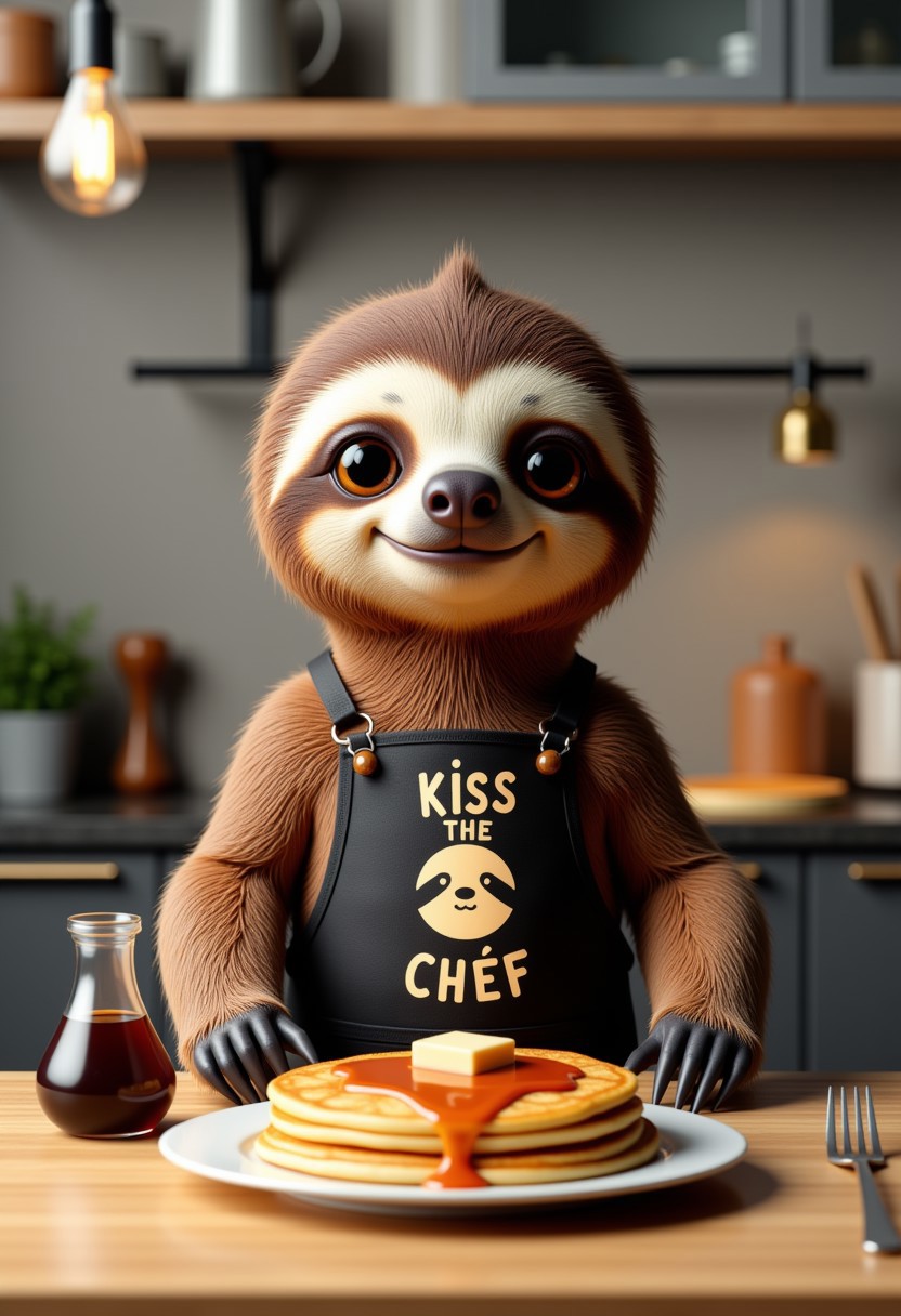 aidmaimageupgrader, a high quality digital image of an adorable sloth standing in an ultra modern kitchen, on the counter top is a freshly cooked batch of fluffy pancakes and a small jug of pancake syrup.  The sloth is wearing a black apron with the text "KISS THE CHEF" on it along with a cartoon image of a sloth's face