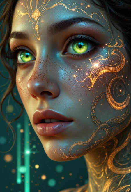 A close-up of the cybernetic snake-priestessâs face, her hypnotic emerald eyes glowing softly against her flawless, iridescent skin. Her cheekbones are high and radiant, and intricate tattoos of coiling snakes, glowing faintly with golden light, wind delicately from her jawline down her neck. Her lips, shimmering with a metallic sheen, are parted slightly as if speaking directly to the viewer, her message of peace almost tangible. Tiny snake-like filigree tattoos radiate from the corners of her eyes, glimmering as though alive. The background fades into a soft blur of warm golden light and ethereal blues, drawing all focus to her serene, mesmerizing expression. The faint reflection of a holographic screen can be seen in her eyes, suggesting the millions watching her as she broadcasts her message of unity. SnakeMythosDaal, CreeepyCuteMagic