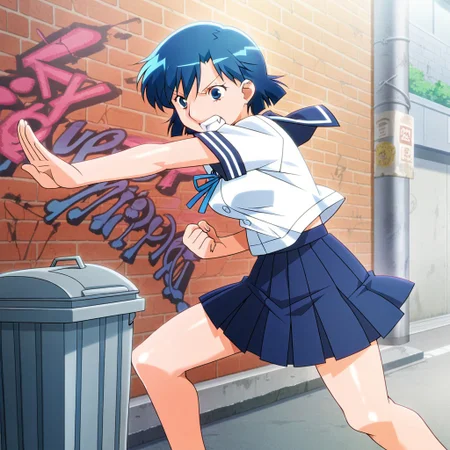 <lora:yuu-super-real-mahjongponyxl:1>, masterpiece, best quality, 1girl, solo, you (super real mahjong), tanaka ryou, blue hair, short hair, tomboy, blue eyes, small breasts, anime screencap, serafuku, short sleeves, school uniform, white shirt, neck ribbon, blue ribbon,pleated skirt, blue skirt, legs apart, clenched hands, outstretched arm, angry, teeth, fang, fighting stance, from side, simple background, outdoor, street, wall, graffiti, trash can, v-shaped eyebrows,